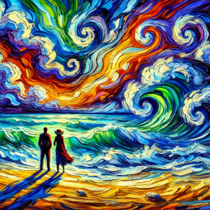 A digital illustration of two people standing on a beach and facing an ocean and a sky made up of colorful swirls.